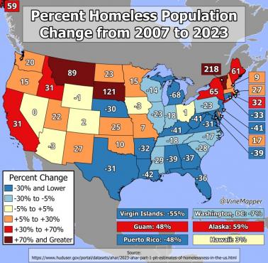 Procentowa zmiana populacji osób bezdomnych w USA w latach 2007-2023 z podziałem na stany