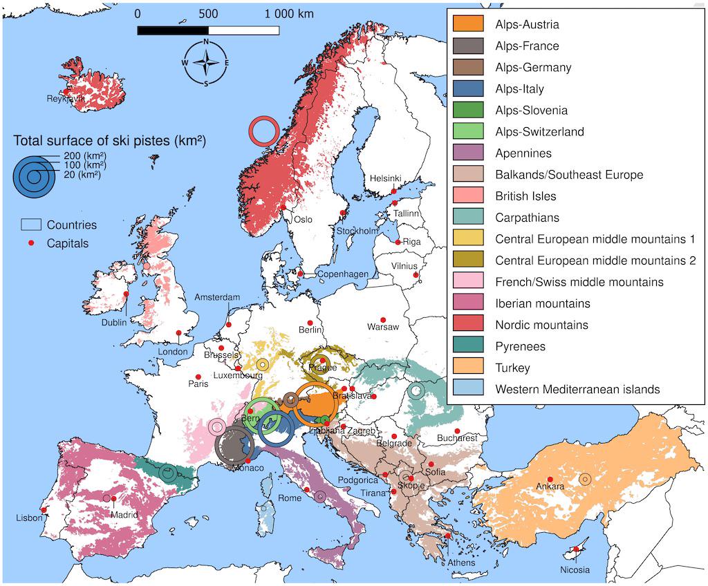 Rozmieszczenie ośrodków narciarskich na obszarach górskich w Europie, 2022