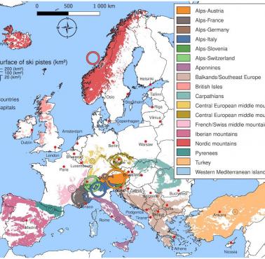 Rozmieszczenie ośrodków narciarskich na obszarach górskich w Europie, 2022
