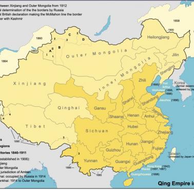 Mapa Chin dynastii Qing. Obszary okupowane przez imperia europejskie wraz z datą rozpoczęcia okupacji
