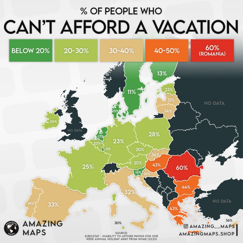 Odsetek osób, których nie stać na tygodniowe wakacje, Europa, 2023