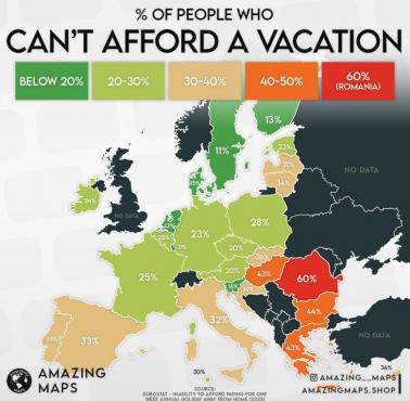 Odsetek osób, których nie stać na tygodniowe wakacje, Europa, 2023