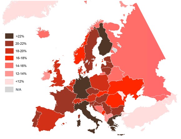 Odsetek ludności w wieku powyżej 65 lat w Europie, 2024