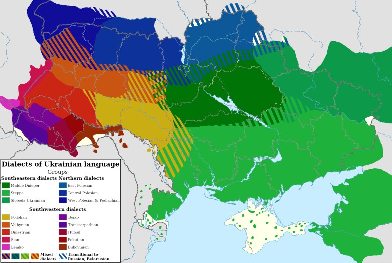 Mapa dialektów języka ukraińskiego (według Encyklopedii Ukrainy i Encyklopedii Języka Ukraińskiego)