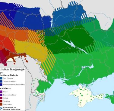 Mapa dialektów języka ukraińskiego (według Encyklopedii Ukrainy i Encyklopedii Języka Ukraińskiego)