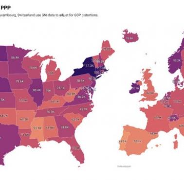 PKB na mieszkańca (per capita) według parytetu siły nabywczej (PPP) w USA i Europie, 2024