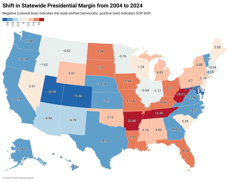 Zmiana preferencji wyborczych na rzecz demokratów lub republikanów z podziałem na stany USA, 2004-2024