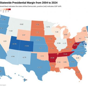 Zmiana preferencji wyborczych na rzecz demokratów lub republikanów z podziałem na stany USA, 2004-2024