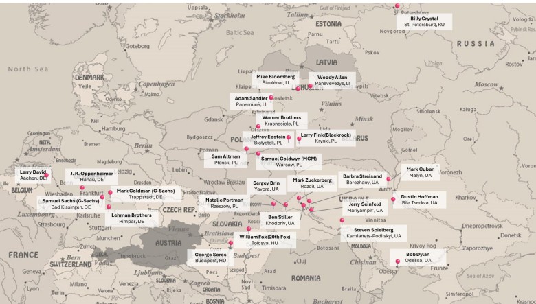 Miejsca pochodzenia przodków słynnych amerykańskich Żydów aszkenazyjskich, biorąc pod uwagę rodowód patrylinearny