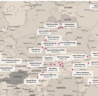 Miejsca pochodzenia przodków słynnych amerykańskich Żydów aszkenazyjskich, biorąc pod uwagę rodowód patrylinearny