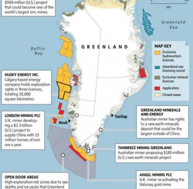 Mapa surowcowa Grenlandii, stan prawdopodobnie 2024