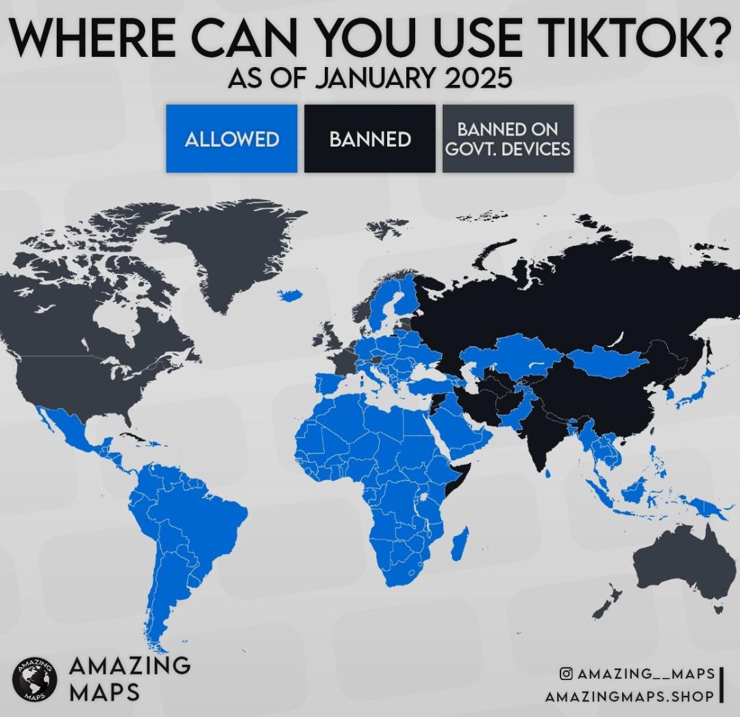 Gdzie można używać Tiktok? (ban na Tiktoka), styczeń 2025