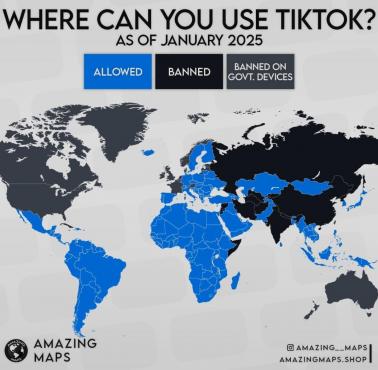 Gdzie można używać Tiktok? (ban na Tiktoka), styczeń 2025