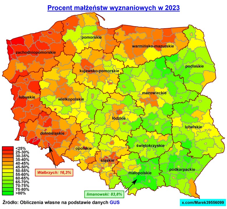 Odsetek małżeństw wyznaniowych w Polsce, 2023