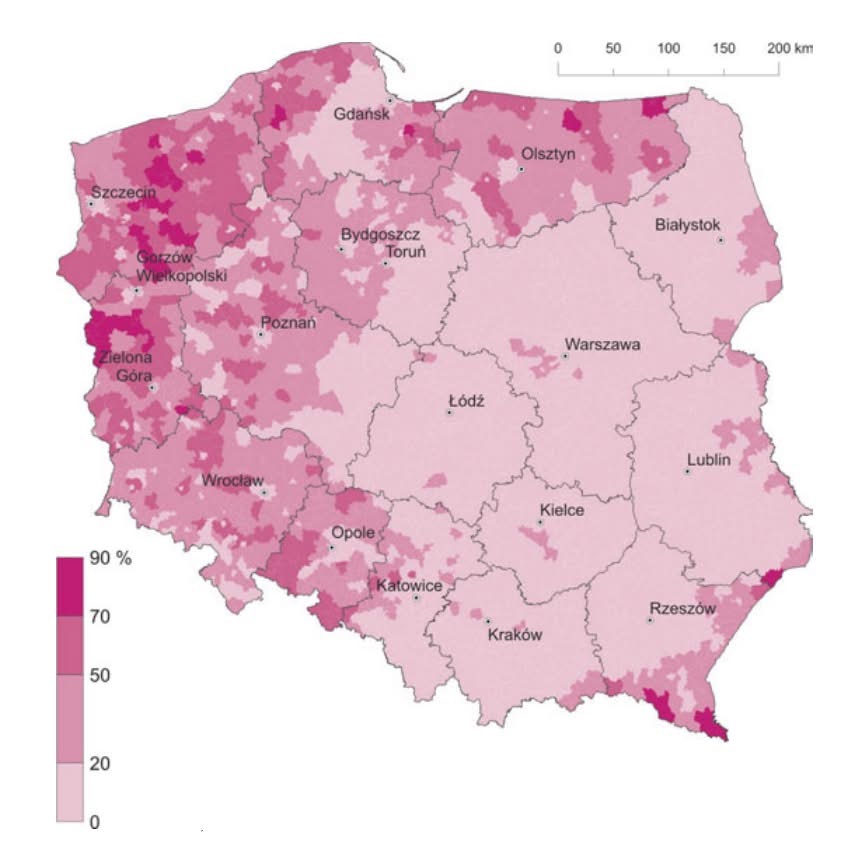 Udział powierzchni użytków rolnych Państwowych Gospodarstw Rolnych (PGR-ów), 1989