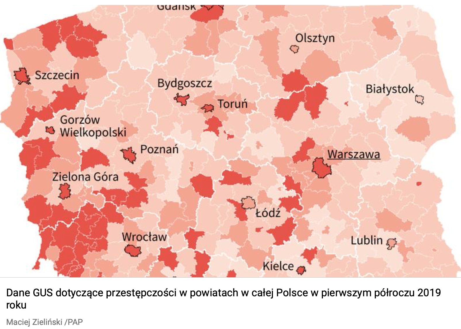 Przestępstwa w powiatach w całej Polsce, 2019