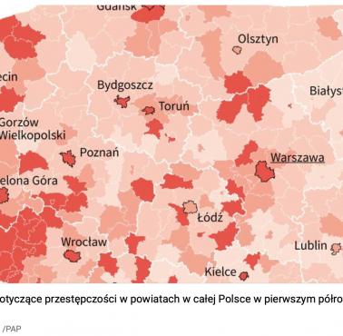 Przestępstwa w powiatach w całej Polsce, 2019