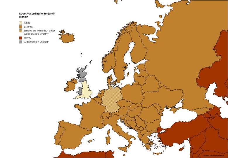 Mapa rasowa (etniczna) według założyciela USA Benjamina Franklina