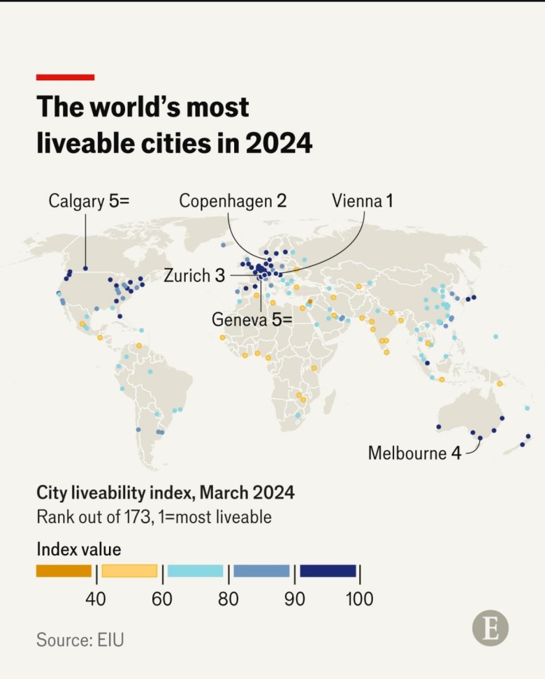 Najlepszych miast do życia w oparciu o Global Liveability Index, 2024