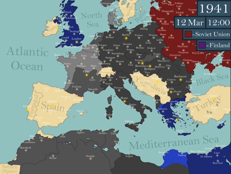 Mapa Europy przed Barbarossą, pierwsza połowa 1941. Walczyły tylko Wielka Brytania i Grecja