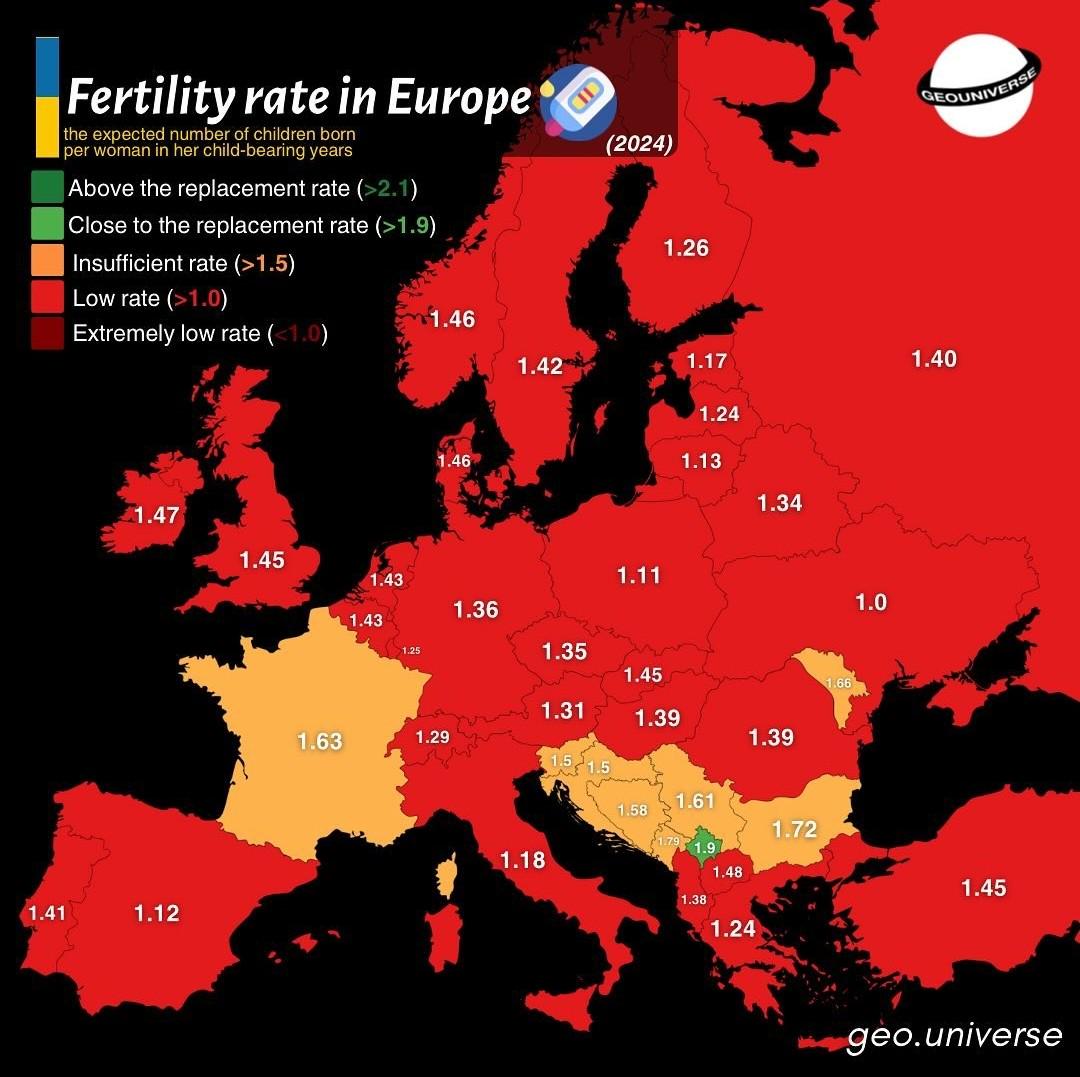 Współczynnik dzietności w Europie, 2024