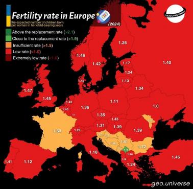 Współczynnik dzietności w Europie, 2024