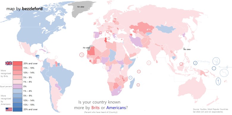 Czy Twój kraj jest bardziej znany Brytyjczykom czy Amerykanom? (YouGov Q4 2024)
