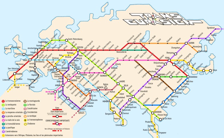 Mapa transportowa w formie mapy metra oparta o demografię w Eurazji