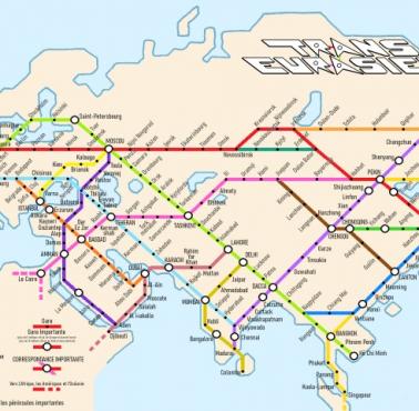 Mapa transportowa w formie mapy metra oparta o demografię w Eurazji