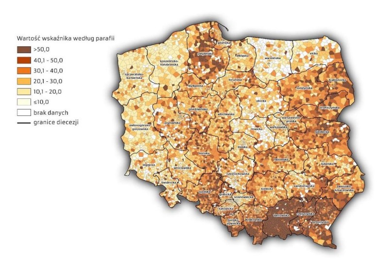 Uczęszczanie do kościoła na msze święta w Polsce z podziałem na parafie, brak danych o dacie