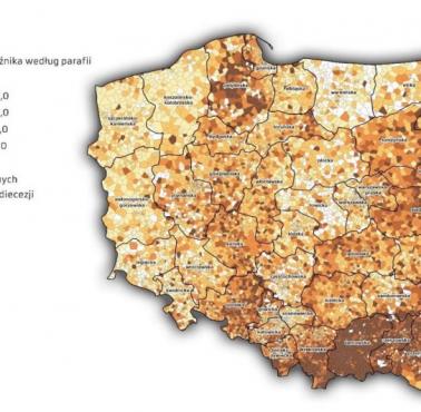 Uczęszczanie do kościoła na msze święta w Polsce z podziałem na parafie, brak danych o dacie