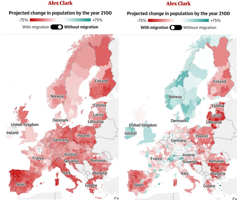 Kraje z najszybszą depopulacją (wymierające) w Europie, prognoza na 2100 (z uwzględnieniem i bez uwzględnienia emigracji)