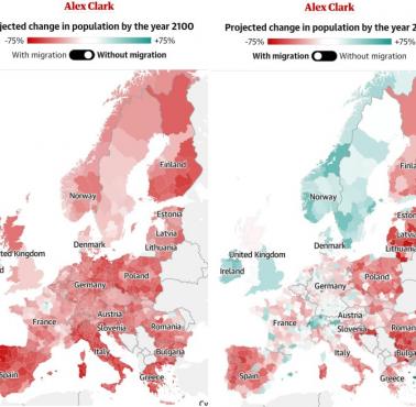 Kraje z najszybszą depopulacją (wymierające) w Europie, prognoza na 2100 (z uwzględnieniem i bez uwzględnienia emigracji)
