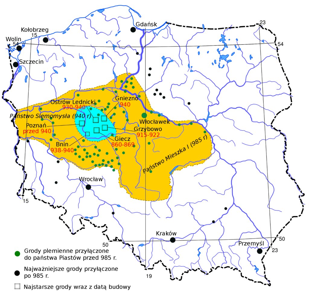 Umiejscowienie grodów państwa Piastów od 915 roku, państwo Mieszka I