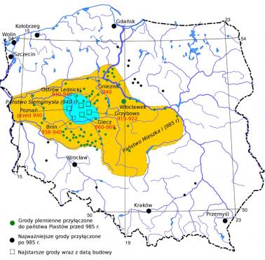Umiejscowienie grodów państwa Piastów od 915 roku, państwo Mieszka I