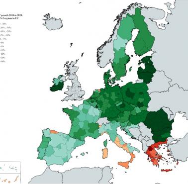 Wzrost PKB w poszczególnych europejskich państwach (z podziałem na regiony, NUTS2) w latach 2010-2020