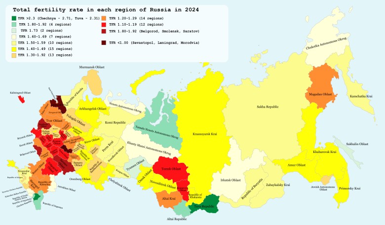 Współczynnik dzietności Rosji z podziałem na regiony, 2024