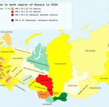 Współczynnik dzietności Rosji z podziałem na regiony, 2024