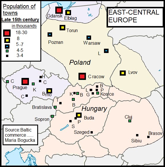 Ludność miast w Polsce, Czechach i na Węgrzech pod koniec XV wieku