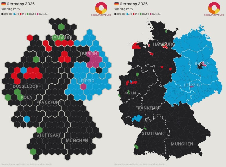 Wyniki wyborów w Niemczech, 2025 (kartogram, klasyczna mapa)