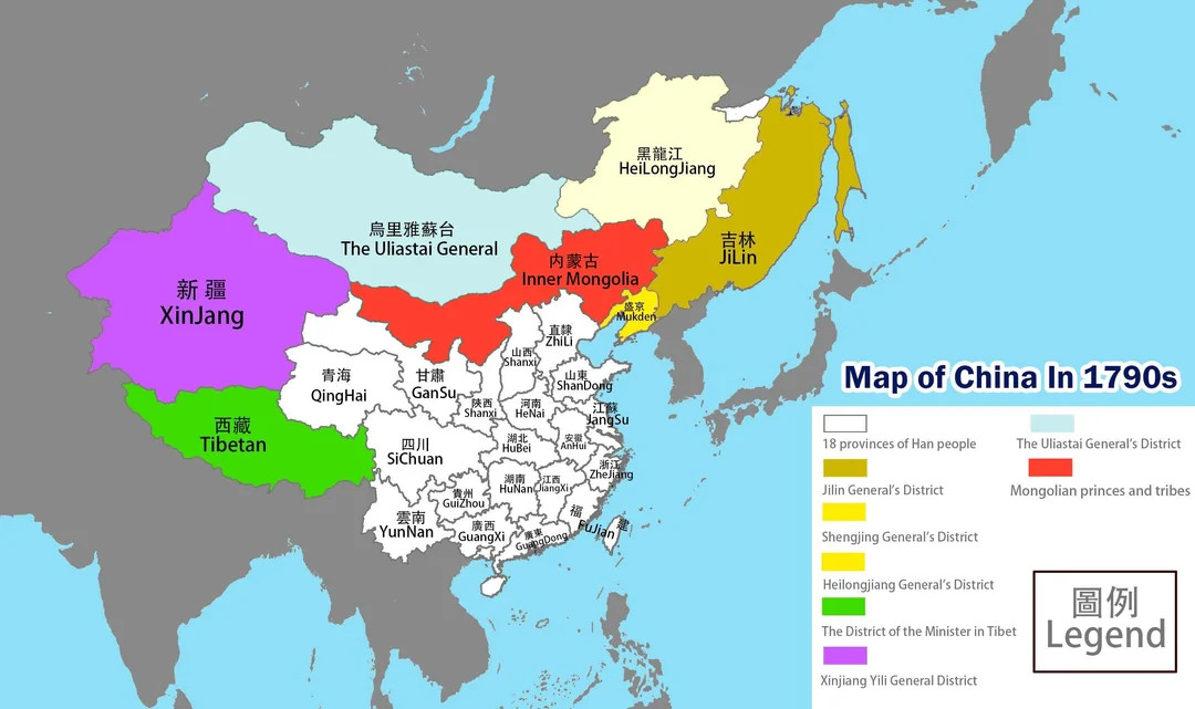Mapa Chin (imperium Qing) w 1790 r.