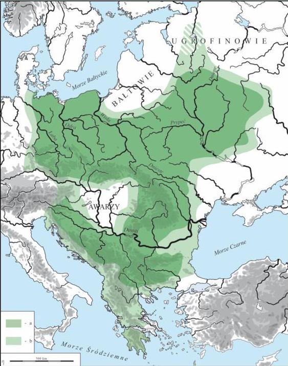 Słowianie w VIII wieku (M. Parczewski 2005). Ciemnozielony: Większość słowiańska, jasnozielony: Populacja mieszana etnicznie