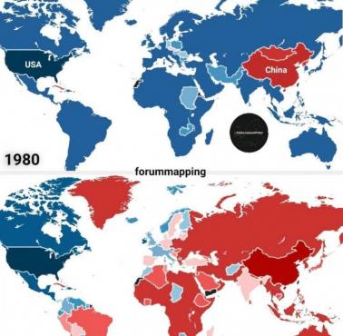 Najwięksi partnerzy handlowi poszczególnych państw świata z podziałem na USA i Chiny w 1980 i 2018 roku