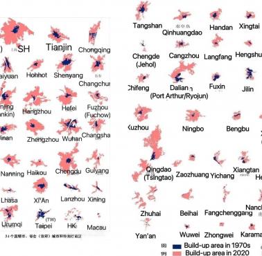 Obszar zurbanizowany największych chińskich miast w latach 1970-2020
