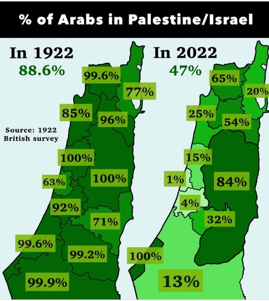 Odsetek Arabów w Palestynie/Izraelu w 1922 i 2022 roku