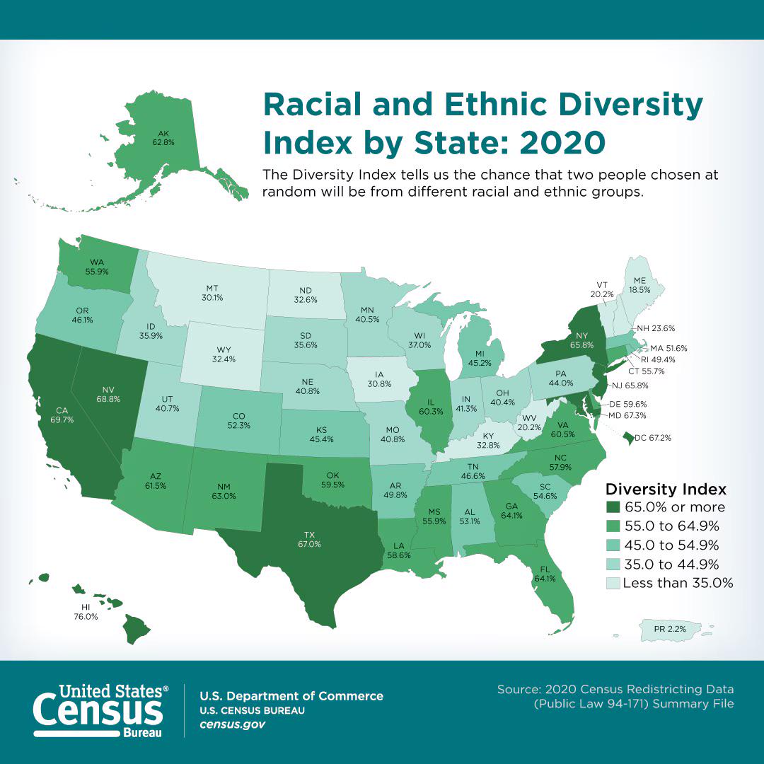 Etniczna mapa USA. Mapa różnorodności rasowej/etnicznej w USA z podziałem na stany, 2020