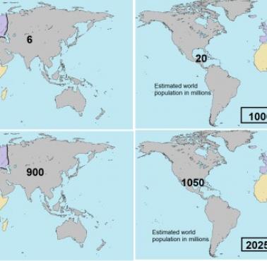 Szacowany rozkład populacji na świecie dla lat: -3000, 1000, 1900, 2025