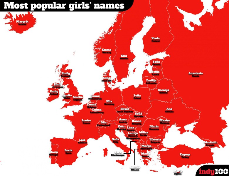 Najpopularniejsze imiona kobiet/dziewczynek w Europie, 2020