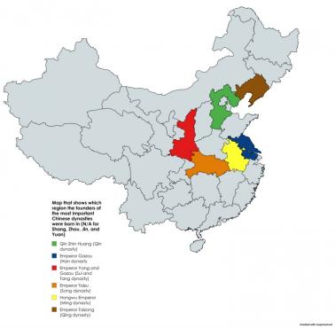 W którym regionie urodzili się założyciele niektórych chińskich dynastii, bez uwzględnienia dynastii Shang, Zhou, Jin i Yuan
