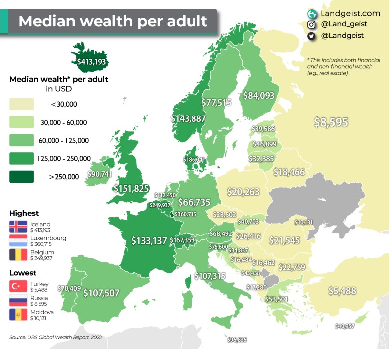 Mediana bogactwa na osobę dorosłą w Europie, 2022